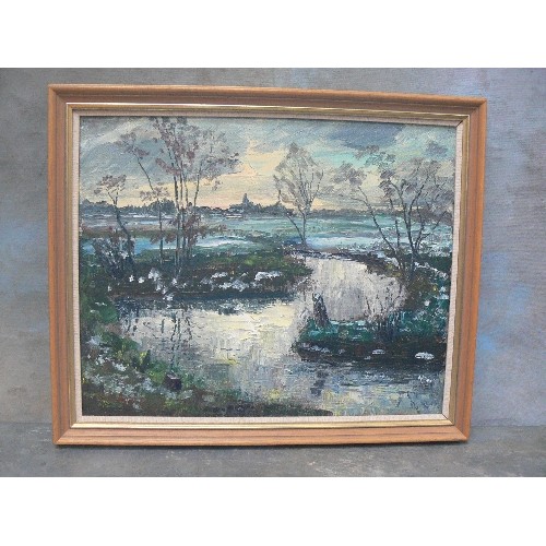 156 - A LATE 20TH CENTURY OIL PAINTING ON CANVAS OF A FEN OR MARSHLAND SCENE WITH DISTANT CHURCH - IN BLUE... 