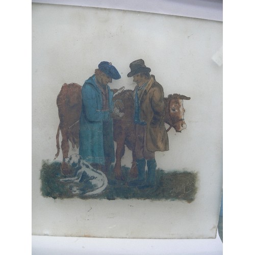 178 - AN ORIGINAL, PROBABLY 19TH CENTURY PAINTING ON GLASS OF A TRANSACTION - A COUNTRY SCENE WITH TWO DRO... 