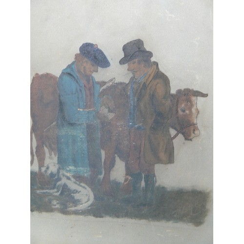 178 - AN ORIGINAL, PROBABLY 19TH CENTURY PAINTING ON GLASS OF A TRANSACTION - A COUNTRY SCENE WITH TWO DRO... 