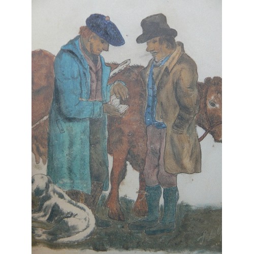 178 - AN ORIGINAL, PROBABLY 19TH CENTURY PAINTING ON GLASS OF A TRANSACTION - A COUNTRY SCENE WITH TWO DRO... 