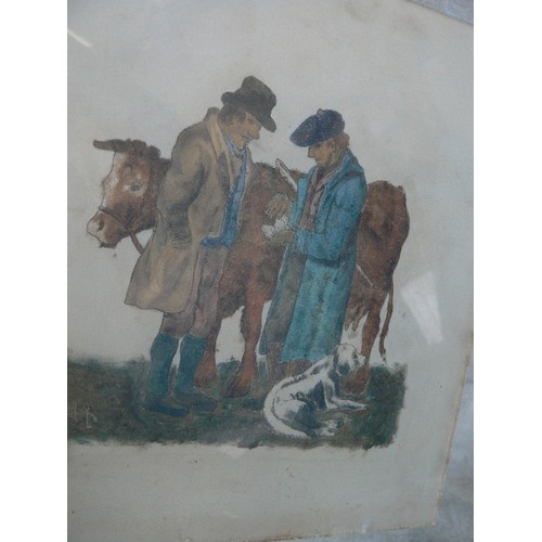 178 - AN ORIGINAL, PROBABLY 19TH CENTURY PAINTING ON GLASS OF A TRANSACTION - A COUNTRY SCENE WITH TWO DRO... 