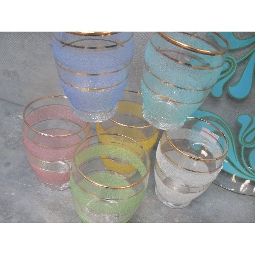 309 - GOOD LOT OF COLOURFUL MID CENTURY RETRO GLASSWARE INCLUDING LARGE AND SMALLER HARLEQUIN SETS OF FROS... 