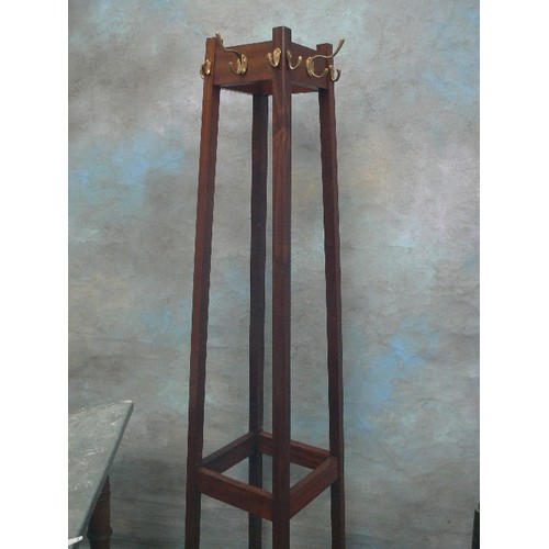 365 - TALL VINTAGE COAT, HAT AND UMBRELLA STAND WITH BRASS HOOKS AND TIN DRIP TRAY - 175CM H