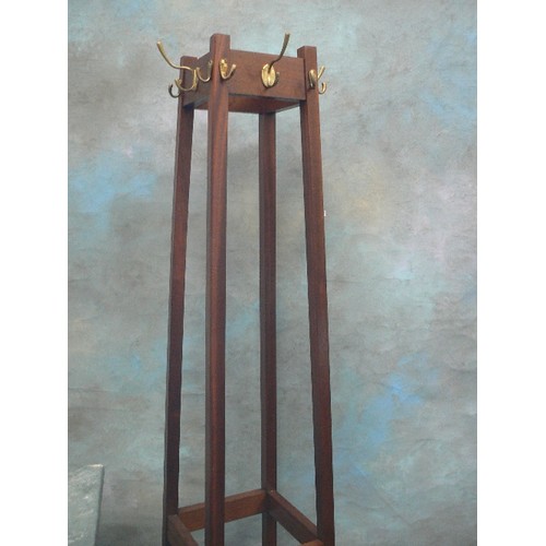 365 - TALL VINTAGE COAT, HAT AND UMBRELLA STAND WITH BRASS HOOKS AND TIN DRIP TRAY - 175CM H