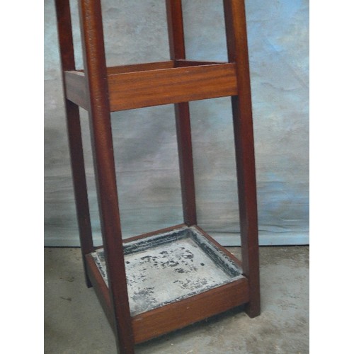 365 - TALL VINTAGE COAT, HAT AND UMBRELLA STAND WITH BRASS HOOKS AND TIN DRIP TRAY - 175CM H