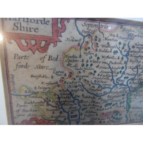 280 - TWO 17TH CENTURY HAND COLOURED MINIATURE SPEED MAPS, ONE OF NOTTINGHAMHIRE, THE OTHER HARTFORDHIRE, ... 