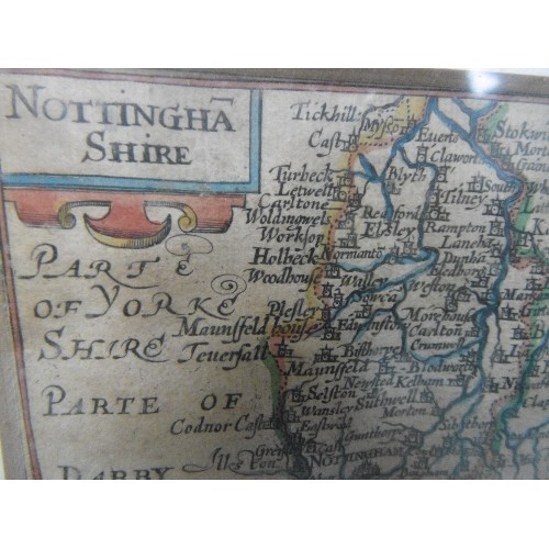 280 - TWO 17TH CENTURY HAND COLOURED MINIATURE SPEED MAPS, ONE OF NOTTINGHAMHIRE, THE OTHER HARTFORDHIRE, ... 