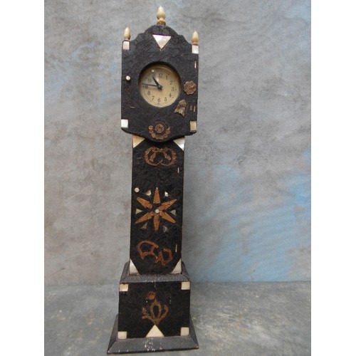 351 - AN UNUSUAL EARLY 20TH CENTURY MINIATURE LONGCASE CLOCK, GERMAN MOVEMENT, WORKING. THE CASE WITH EBON... 