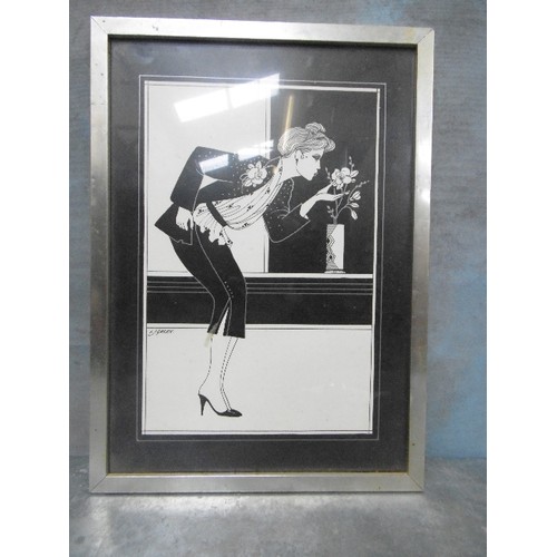 291 - AN ART DECO STYLE BLACK, WHITE AND SILVER FASHION PRINT BY L J GREEN - CIRCA 1980. IN CONTEMPORARY S... 