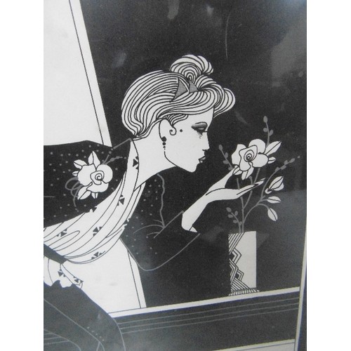 291 - AN ART DECO STYLE BLACK, WHITE AND SILVER FASHION PRINT BY L J GREEN - CIRCA 1980. IN CONTEMPORARY S... 