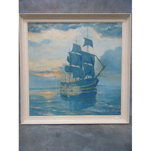 159 - 20TH CENTURY LARGE OIL PAINTING ON CANVAS OF A TALL SHIP AT SEA - IN SHADES OF BLUE. SIGNED 