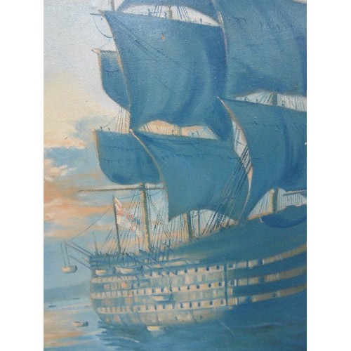 159 - 20TH CENTURY LARGE OIL PAINTING ON CANVAS OF A TALL SHIP AT SEA - IN SHADES OF BLUE. SIGNED 