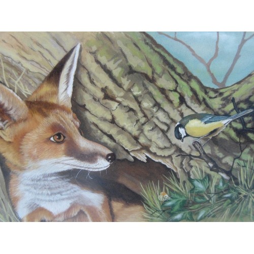 157 - WATERCOLOUR ON PAPER OF A FOX AND BLUETITS - POSSIBLY A STUDY FOR A BOOK ILLUSTRATION - SIGNED 