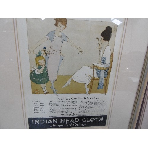 160 - A 1920'S FRAMED AND GLAZED ADVERTISING PRINT FOR INDIAN HEAD CLOTH TOGETHER WITH A MEDICI SOCIETY FR... 