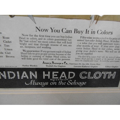 160 - A 1920'S FRAMED AND GLAZED ADVERTISING PRINT FOR INDIAN HEAD CLOTH TOGETHER WITH A MEDICI SOCIETY FR... 