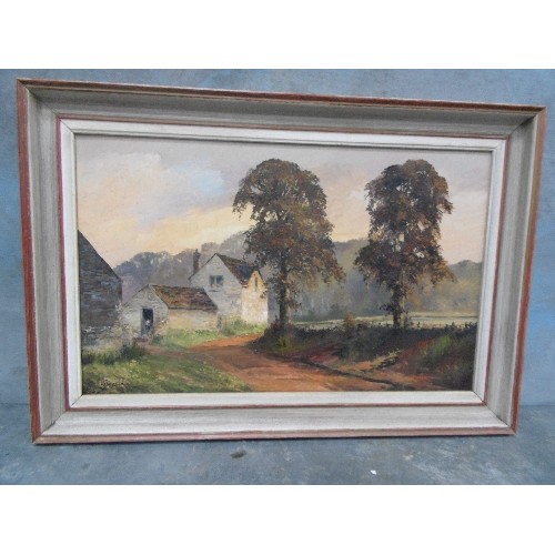 155 - A MID 20TH CENTURY OIL ON BOARD PAINTING OF FARMHOUSE AND BUILDINGS IN LATE SUMMER BY E.J. WILSON - ... 