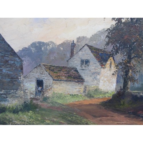 155 - A MID 20TH CENTURY OIL ON BOARD PAINTING OF FARMHOUSE AND BUILDINGS IN LATE SUMMER BY E.J. WILSON - ... 