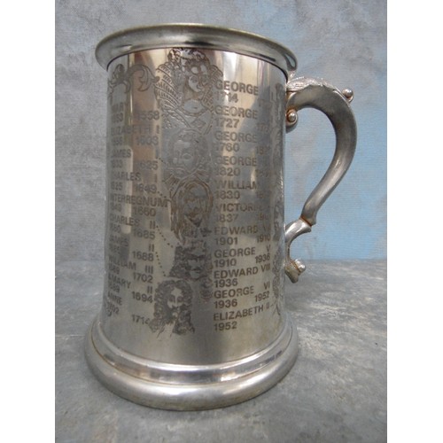 142 - VINTAGE PEWTER TANKARD ENGRAVED WITH THE KINGS AND QUEENS OF ENGLAND FROM WILLIAM THE CONQUEROR TO E... 