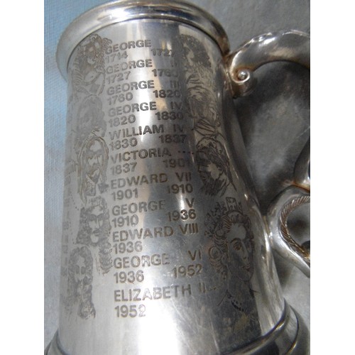 142 - VINTAGE PEWTER TANKARD ENGRAVED WITH THE KINGS AND QUEENS OF ENGLAND FROM WILLIAM THE CONQUEROR TO E... 