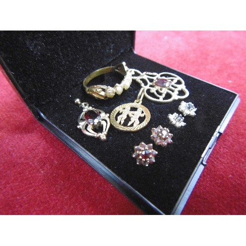 113 - COLLECTION OF GOLD ITEMS. A PAIR OF EARRINGS 18ct WITH RUBY AND DIAMONDS. AN EARRING 9ct WITH RED GA... 