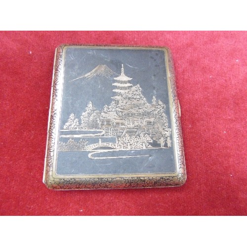 77 - A VINTAGE JAPANESE CIGARETTE CASE AND LIGHTER IN THE NIELLO FORM OF DECORATION