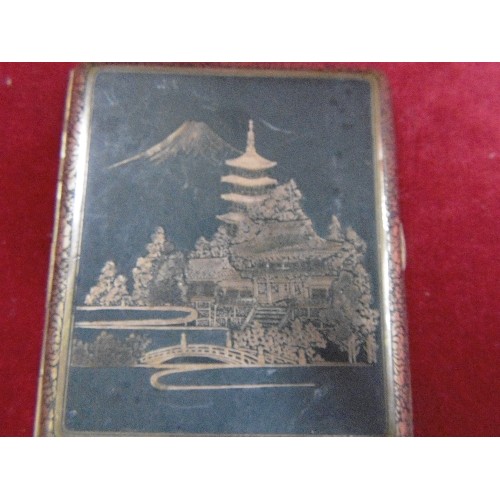 77 - A VINTAGE JAPANESE CIGARETTE CASE AND LIGHTER IN THE NIELLO FORM OF DECORATION