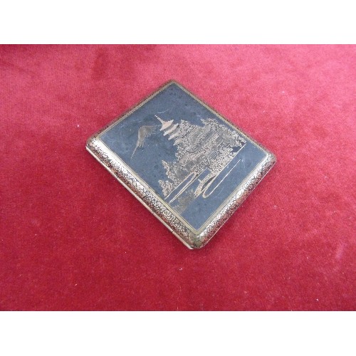 77 - A VINTAGE JAPANESE CIGARETTE CASE AND LIGHTER IN THE NIELLO FORM OF DECORATION