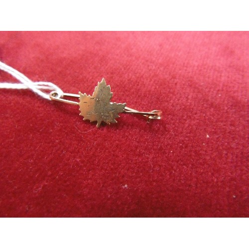 61 - A HOME MADE CANADIAN 9ct GOLD MAPLE LEAF BROOCH ENGRAVED WITH AN 