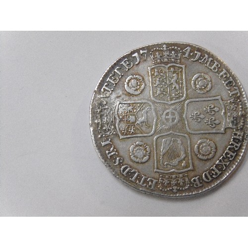 103 - SILVER GEORGE II CROWN 1741 ROSES (F TO VF): NOTE ADDITIONAL PHOTOS ADDED. POSSIBLY BEEN MOUNTED.