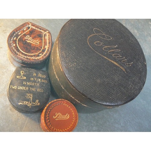 128 - A 1920'S COLLAR BOX WITH COLLARS AND THREE VINTAGE STUD BOXES INCLUDING LEATHER