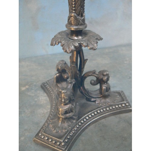 19 - PAIR OF VICTORIAN EPERGNES. THE BRITANNIA METAL BASES WITH CARYATID SUPPORTS, BY JAMES DEAKIN. ORIGI... 