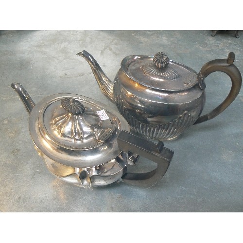 141 - ANTIQUE AND VINTAGE PLATED WARES ON A TRAY. INCLUDES COFFEE POT, TWO TEAPOTS AND A PEWTER HOT WATER ... 