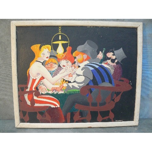 176A - AN UNUSUAL MID 20TH CENTURY NAIVE OIL PAINTING ON BOARD OF POKER PLAYERS AROUND A TABLE SIGNED BY TH... 