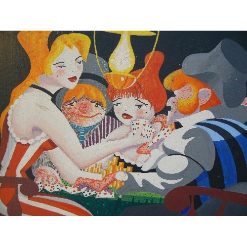 176A - AN UNUSUAL MID 20TH CENTURY NAIVE OIL PAINTING ON BOARD OF POKER PLAYERS AROUND A TABLE SIGNED BY TH... 