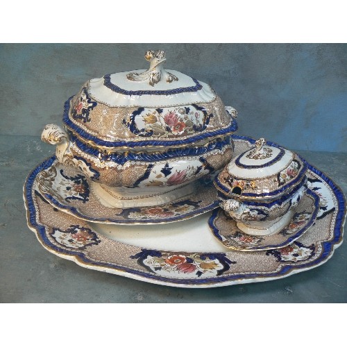 217 - LATE VICTORIAN GRADUATED MEAT PLATES, A TUREEN AND A SAUCE TUREEN BY BOOTHS ENGLAND 