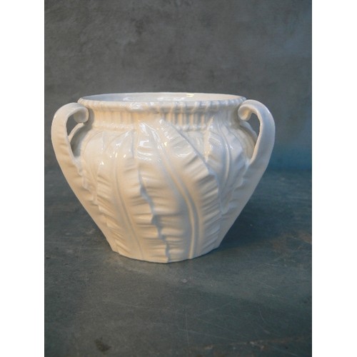 182 - A ROYAL WORCESTER BONE CHINE WHITE GLAZED THREE HANDLED VASE OR BOWL WITH MOULDED LEAF DESIGN - PATT... 