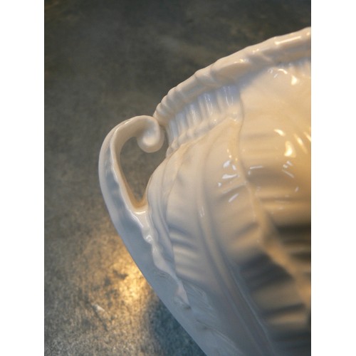 182 - A ROYAL WORCESTER BONE CHINE WHITE GLAZED THREE HANDLED VASE OR BOWL WITH MOULDED LEAF DESIGN - PATT... 