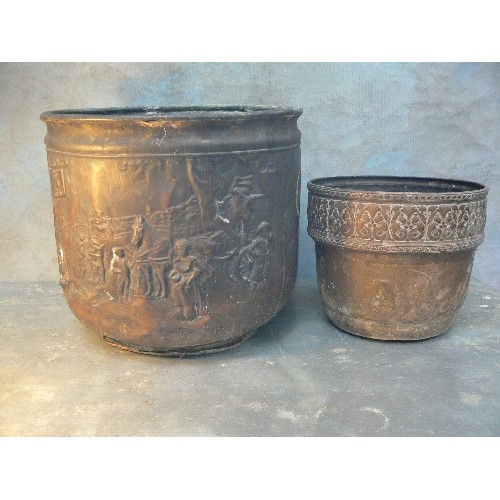 375 - LARGE EARLY 20TH CENTURY COPPER COAL BIN EMBOSSED WITH A COACHING SCENE - 33CM H X 38CM DIA AND A SM... 