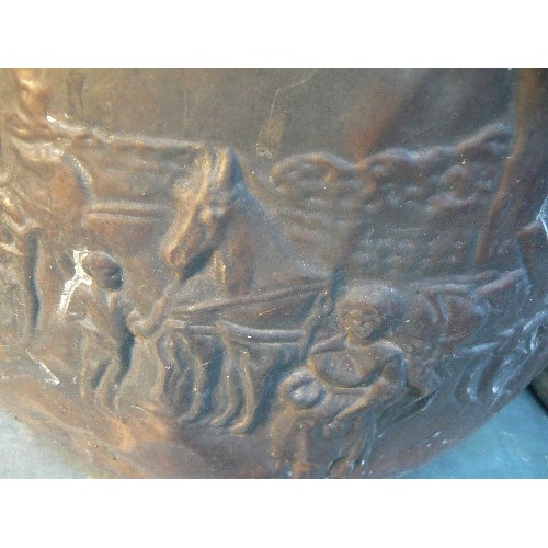 375 - LARGE EARLY 20TH CENTURY COPPER COAL BIN EMBOSSED WITH A COACHING SCENE - 33CM H X 38CM DIA AND A SM... 