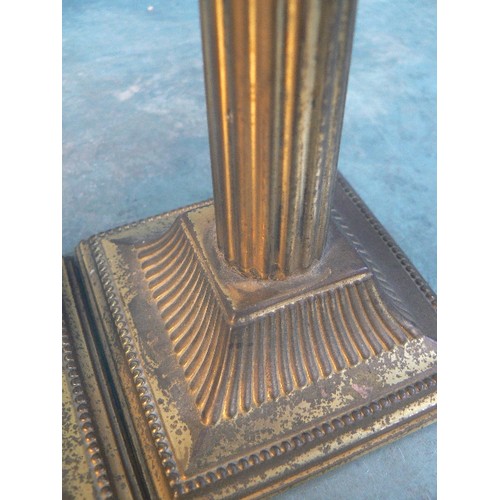 147 - PAIR OF VINTAGE CORINTHIAN COLUMN BRASS CANDLESTICKS - 20CM. ALSO A PAIR OF GLASS CANDLESTICKS 20CM