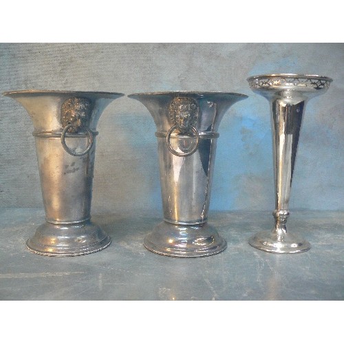 140 - A PAIR OF LATE 19TH CENTURY SILVER PLATED (EPBM) VASES BY JAMES DIXON & SONS SHEFFIELD WITH LION HEA... 