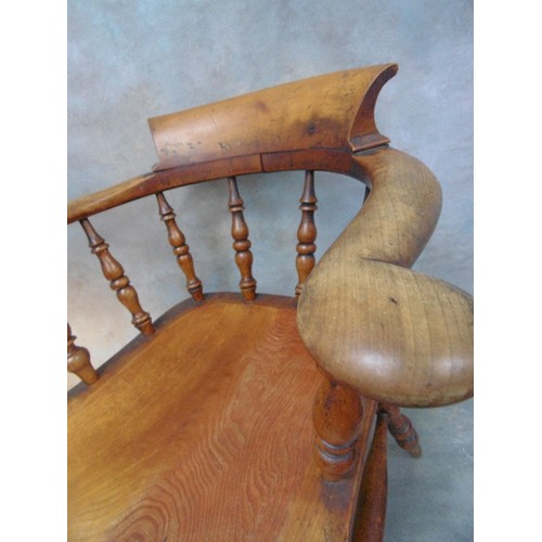 362 - A VICTORIAN SMOKER'S BOW OR CAPTAIN'S CHAIR WITH ELM SEAT - GOOD PATINATION