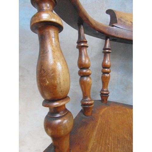 362 - A VICTORIAN SMOKER'S BOW OR CAPTAIN'S CHAIR WITH ELM SEAT - GOOD PATINATION