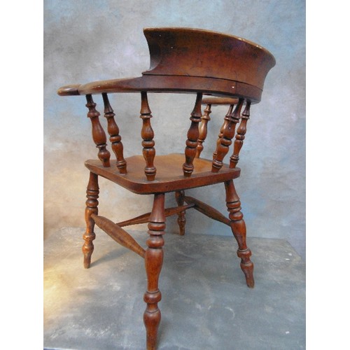 362 - A VICTORIAN SMOKER'S BOW OR CAPTAIN'S CHAIR WITH ELM SEAT - GOOD PATINATION