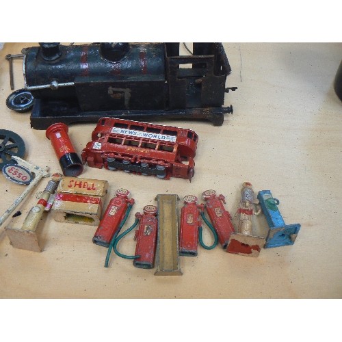 507 - VINTAGE METAL FUEL PUMPS, O GAUGE LOCO PARTS, BAG OF ANIMALS, BAG OF FIGURES, METAL PLANES, EMPTY BU... 