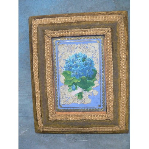 132 - THREE ANTIQUE FRAMES INCLUDING AN EMBOSSED COPPER ART NOUVEAU FRAME, AN EDWARDIAN FABRIC FRAME CONTA... 