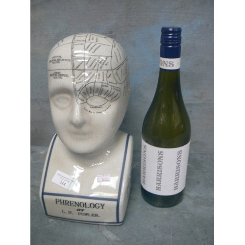 214 - A FULL SIZE CERAMIC PHRENOLOGY BUST MARKED 