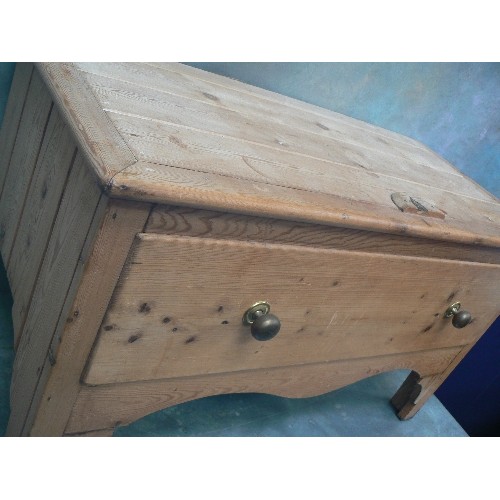 382 - VINTAGE PINE TONGUE & GROOVE CHEST WITH A DRAWER RAISED ON TALL BRACKET FEET