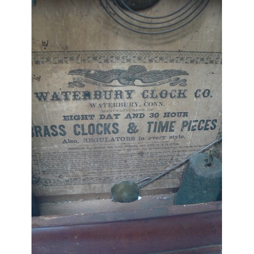 348 - 19TH CENTURY AMERICAN WALL CLOCK BY THE WATERBURY CLOCK COMPANY CONNECTICUT WITH MAHOGANY VENEERED C... 