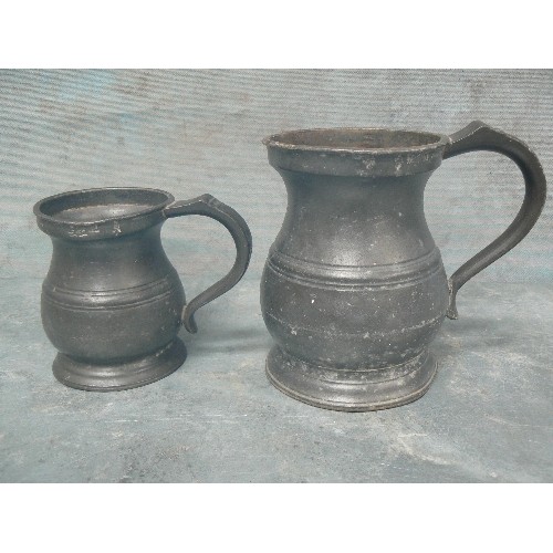 133 - PAIR GRADUATED EARLY 19TH CENTURY GEORGIAN PEWTER TANKARDS , PINT AND HALF PINT WITH GR & VR EXCISE ... 